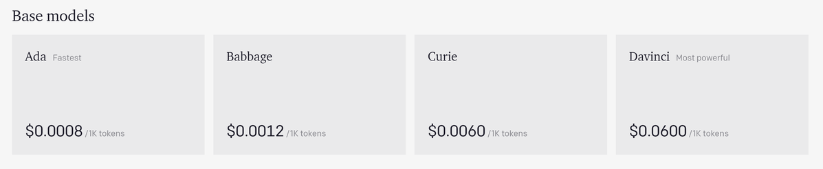 OpenAI GPT-3 models and their pricing for Feb 1st 2022