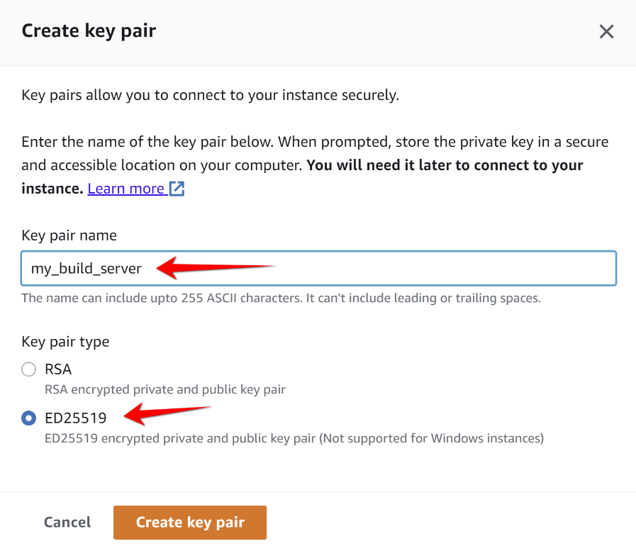 Creating Key Pair dialog