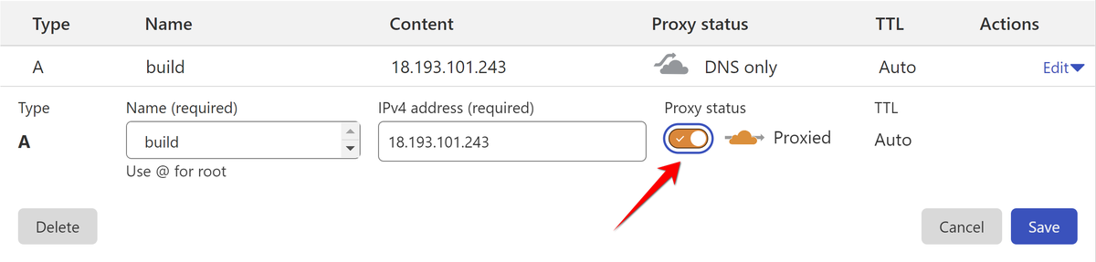 Enable Proxy status for Woodpecker A record