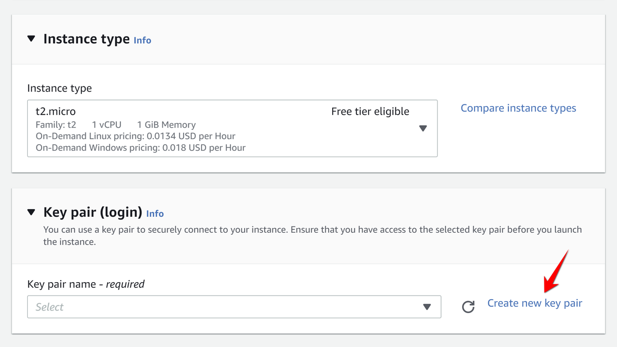 Instance type and Key pair selection
