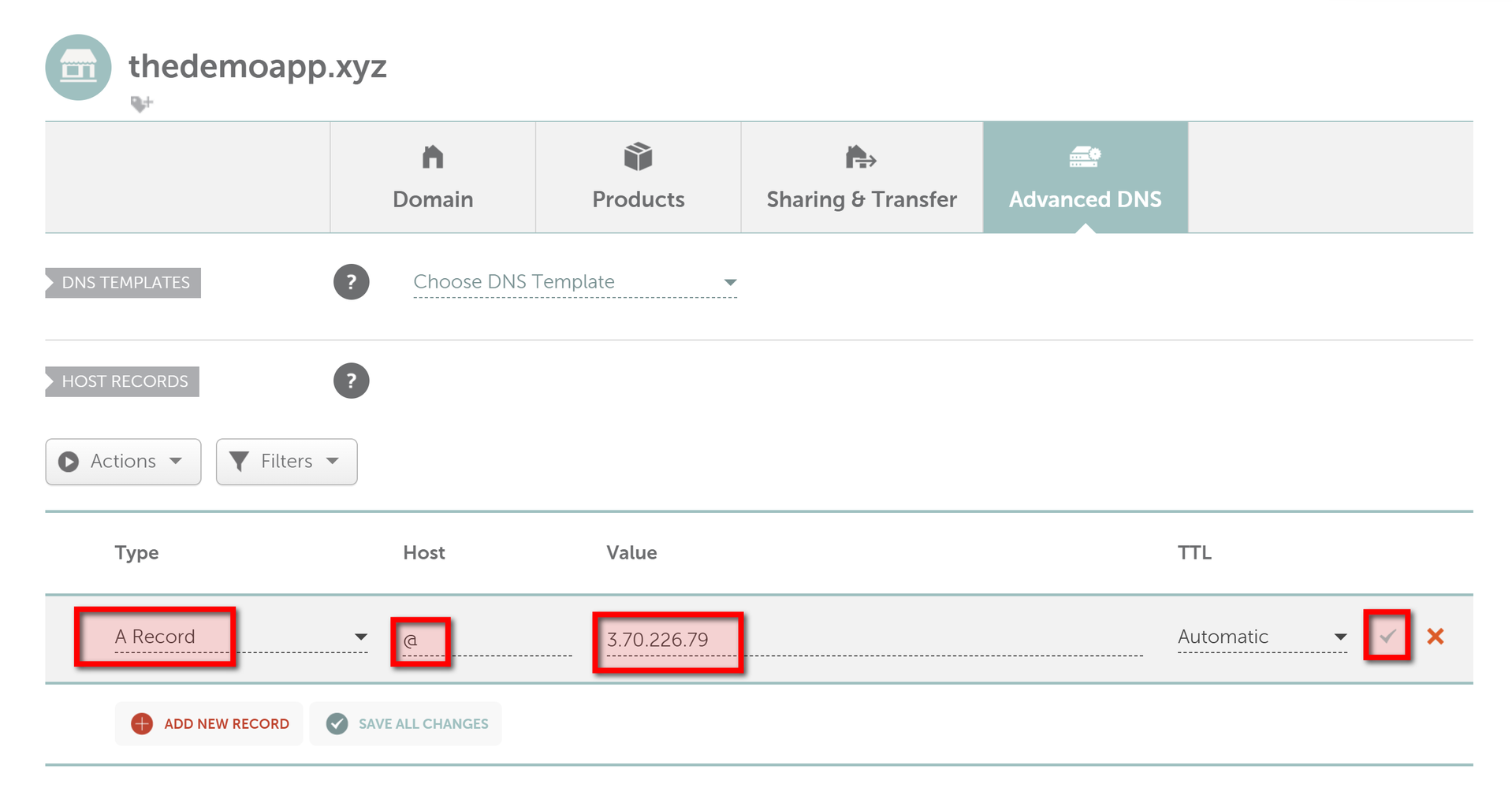 Set a record in Namecheap dashboard
