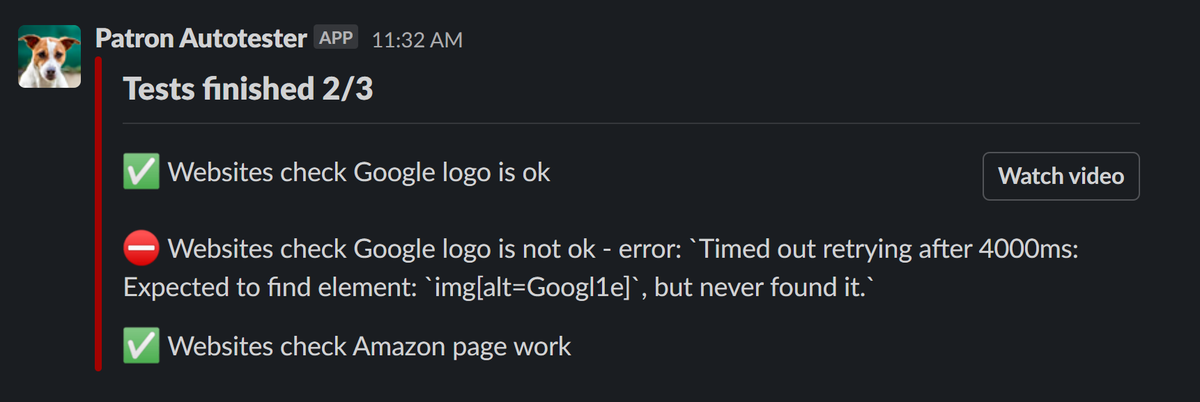 Slack output for finished tests including count of failed and finished, reason for failed tests and Watch video button