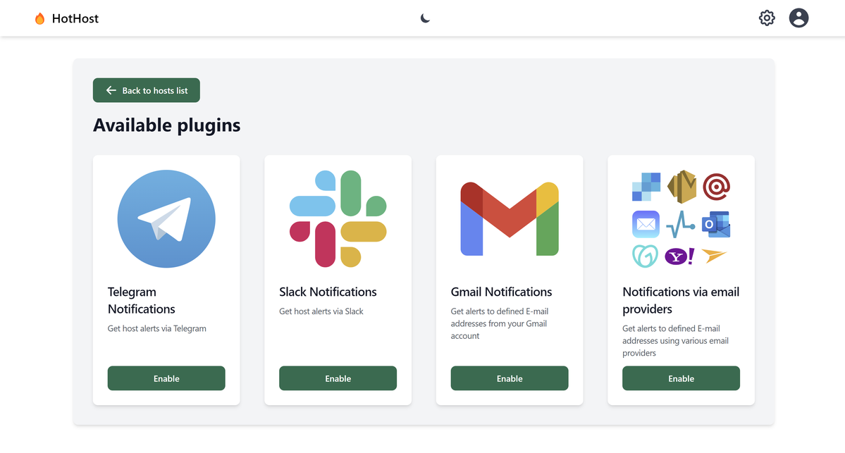 HotHost integrations page