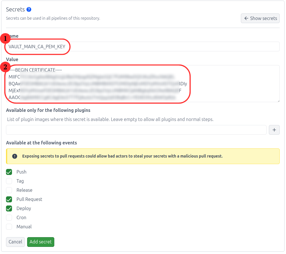 Adding Secret Value in Woodpecker CI