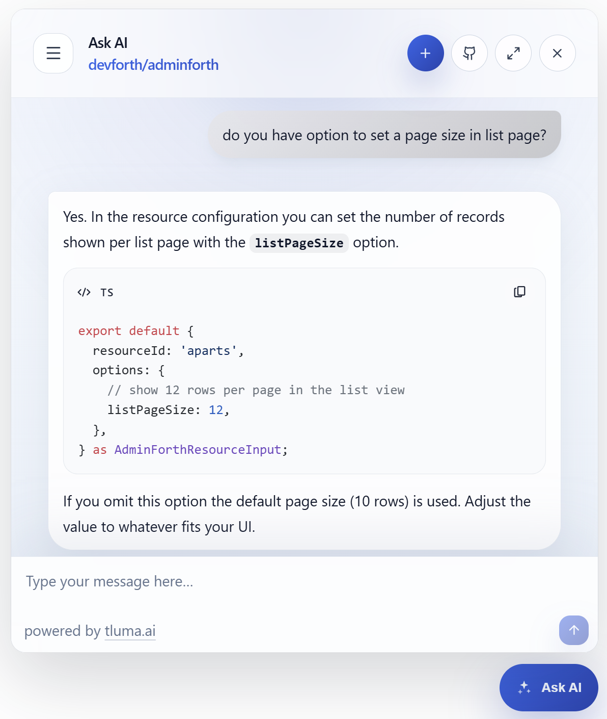 Tluma AI 위젯의 실제 작동 화면과 설정 코드