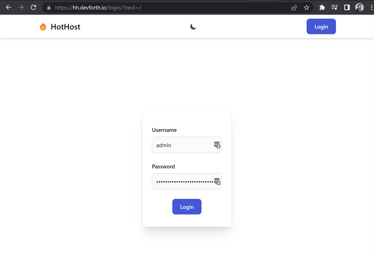 HotHost login page