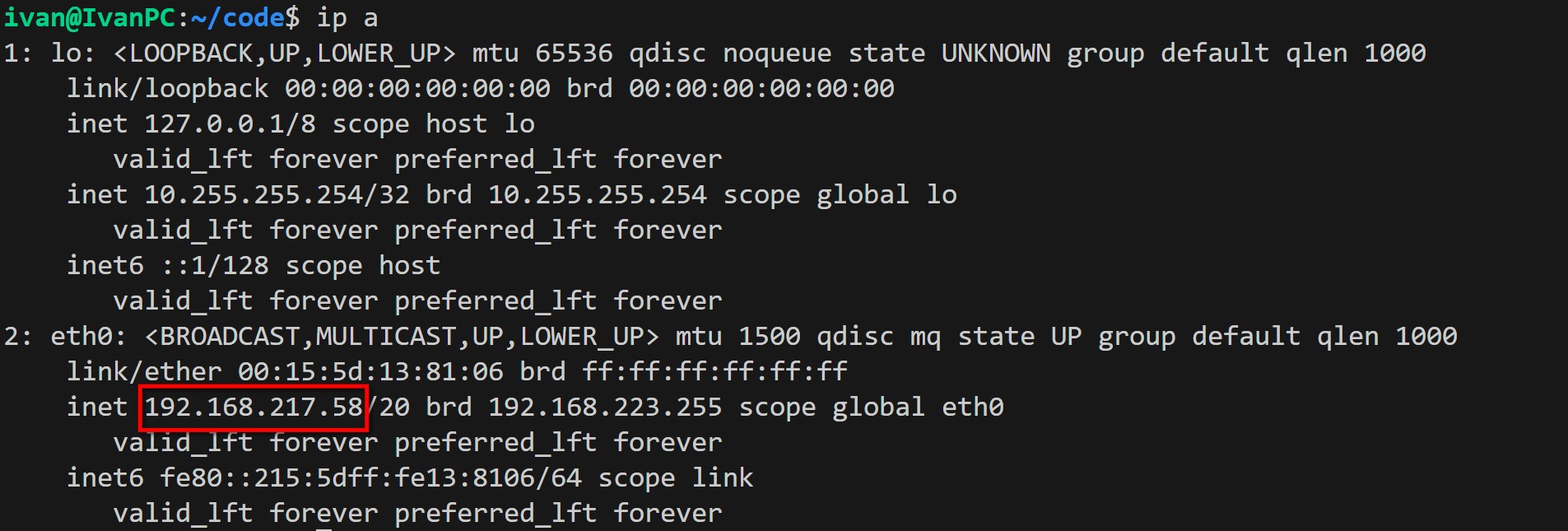 eth0 adapter inet IP